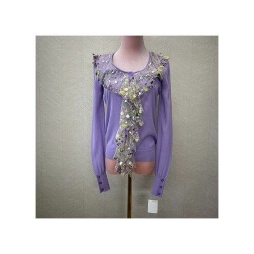 VTG Blumarine Embellished Floral Beaded Purple Knit Cardigan Sweater Womens S